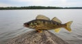 Freshwater catch walleye basking on river stone against tranquil waterscape backdrop Royalty Free Stock Photo