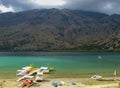 Freshwater lake Kournas with recreation equipment in Crete, Greece Royalty Free Stock Photo