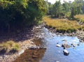 Freshwater mountain stream through grassland and mountain