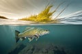 Freshwater predatory fish in the lake under water close-up.