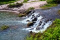 Freshwater river in green grass. Summer landscape photo. Relaxing natural view of clean river stream waterfall