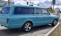 FRESNO, UNITED STATES - Dec 28, 2020: Classic long blue 1950\'s chevy Wagon parked on street during a sunny day