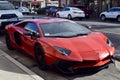 FRESNO, UNITED STATES - Dec 28, 2020: Front view of a shiny new red 2020 custom made Lamborghini car
