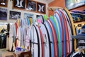 Colorful Surfboards in rows at a WaveLength store