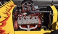 An Engine from a Classic 1923 T-Bucket Yellow and Orange Flame Designed Hot Rod in Ca