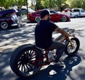 Photo of a Man on his Custom Unique Motorcycle at a Car Show in Fowler,Ca.in Fresno, United States