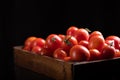 Fressh Red tomatoes box on wooden table Royalty Free Stock Photo