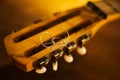 The fretboard of an old vintage guitar with metal strings on a sunny day. A musical instrument. Solfeggio