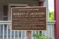 Frewsburg, New York, USA June 21, 2023 An historic marker on Main Street for Robert H. Jackson, a lawyer from the town