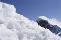 Friable snowdrift melting in the sun, close-up