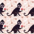 Frida black monkey seamless gouache pattern and surreal beige flowers