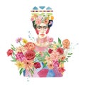 Frida Kahlo art. Hand painted portrait of a Mexican woman with bright bouquets. Female art figure with flowers and shapes.