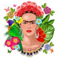 Frida Kahlo Floral Exotic Portrait on White Vector Illustration Royalty Free Stock Photo