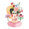 Frida Kahlo. Hand painted portrait of a Mexican woman with bright bouquets. A female art figure with flowers and shapes.