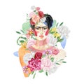 Frida Kahlo. Hand painted portrait of a Mexican woman with bright bouquets. A female art figure with flowers and shapes.