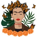 Frida Kahlo mexican style vector portrait. Editorial License