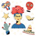 Frida Kahlo Mexican themed stickers. Set of vector stickers cactus, star, sombrero, maracas, lemon, calaca