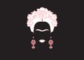 Frida Kahlo minimalist portrait with earrings, roses and skulls