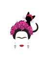 Frida Kahlo minimalist portrait with earrings skulls and flowers, whit black cat