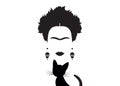 Frida Kahlo minimalist portrait with skulls earrings and black cat , flowers and skulls