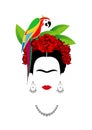 Frida Kahlo and parrot , portrait of Mexican or Spanish woman with crown of colorful flower