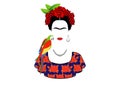 Frida Kahlo and parrot, vector portrait isolated