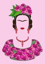 Frida Kahlo portrait , beautiful Mexican or Spanish woman with a traditional hairstyle, Mexican crafts jewelry,
