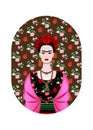 Frida Kahlo portrait, Mexican woman with a traditional hairstyle. Mexican crafts jewelry and red flowers. Vector