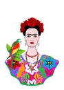 Frida Kahlo portrait with parrot, young beautiful mexican woman with a traditional hairstyle, isolated