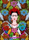 Frida Kahlo portrait , young beautiful mexican woman with a traditional hairstyle, Mexican crafts jewelry and dress