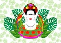 Frida Kahlo vector portrait, graphic interpretation with parrots and exotic floral in the green background Royalty Free Stock Photo