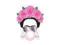 Frida Kahlo vector portrait with gum bubble and sun glasses, isolated Royalty Free Stock Photo