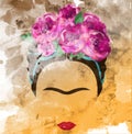 Frida Kahlo vector portrait, watercolor style , hand drawing on the wall