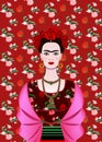 Frida Kahlo vector portrait, mexican woman with a traditional hairstyle. Mexican crafts jewelry and red flowers. Vector