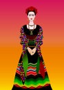 Frida Kahlo vector portrait, mexican woman with a traditional hairstyle. Mexican crafts jewelry and red flowers. Vector