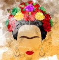 Frida Kahlo vector portrait, watercolor style , hand drawing on the wall