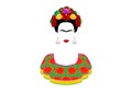 Frida Kahlo vector portrait , young beautiful Mexican woman with a traditional hairstyle. Mexican crafts earrings and red flowers, Royalty Free Stock Photo