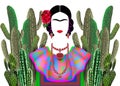 Frida Kahlo vector portrait , young beautiful mexican woman with a traditional hairstyle, Mexican crafts jewelry and dress