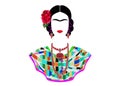 Frida Kahlo vector portrait , young beautiful mexican woman with a traditional hairstyle, Mexican crafts jewelry and dress