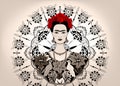 Frida Kahlo vector portrait , young beautiful mexican woman with a traditional hairstyle, Mexican crafts jewelry and dress Royalty Free Stock Photo