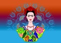 Frida Kahlo vector portrait , young beautiful mexican woman with a traditional hairstyle, Mexican crafts jewelry and dress