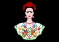 Frida Kahlo vector portrait , young beautiful mexican woman with a traditional hairstyle, Mexican crafts jewelry and dress Royalty Free Stock Photo