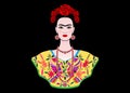 Frida Kahlo vector portrait , young beautiful mexican woman with a traditional hairstyle, Mexican crafts jewelry and dress