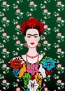 Frida Kahlo vector portrait , young beautiful mexican woman with a traditional hairstyle, Mexican crafts jewelry and dress Royalty Free Stock Photo