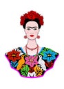 Frida Kahlo vector portrait , young beautiful mexican woman with a traditional hairstyle, Mexican crafts jewelry and dress Royalty Free Stock Photo