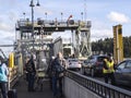 Friday Harbor, WA USA - circa November 2021: View of people lined up, waiting to board the Tillkum Washington State Ferry on a