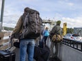 Friday Harbor, WA USA - circa November 2021: View of people lined up, waiting to board the Tillkum Washington State Ferry on a