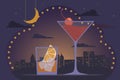 Friday night, cocktail party concept. Alcoholic cocktails old fashioned and manhattan, backdrop of night big city, lights, Royalty Free Stock Photo