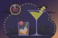 Friday night, cocktail party, happy hour concept. Alcoholic cocktails old fashioned and martini, backdrop of night big city, Royalty Free Stock Photo