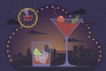 Friday night, cocktail party, happy hour concept. Alcoholic cocktails rum cola and cosmopolitan, backdrop of night big city, Royalty Free Stock Photo